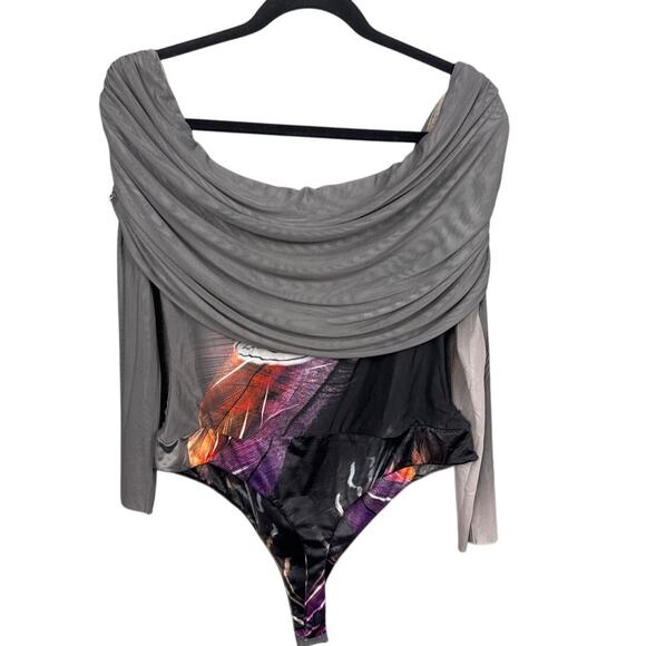 AFRM Maxine Ruched Off the shoulder bodysuit Feather Print Size XL NWOT - Picture 4 of 10
